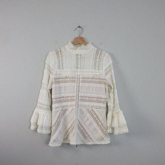 Cinq à Sept Antonia Lace Blouse Women White Cotton M Ruffle Sleeve Boho 296 - Picture 1 of 10
